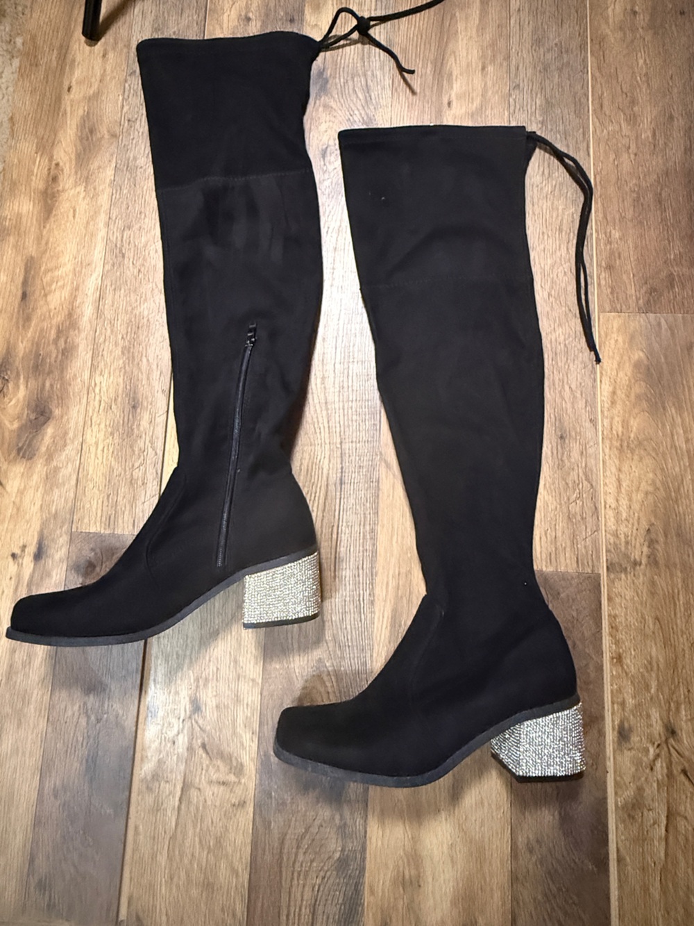 Black Suede Rhinestone Block Heel Over The Knee Boots Sz 7.5